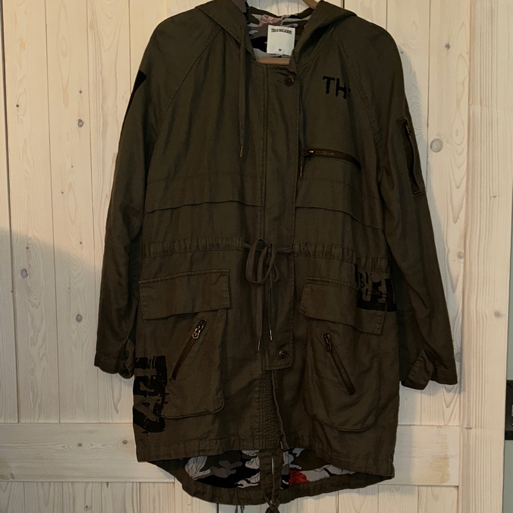 True Religion Military Olive Green Hooded Parka Jacket, LN, Sz L